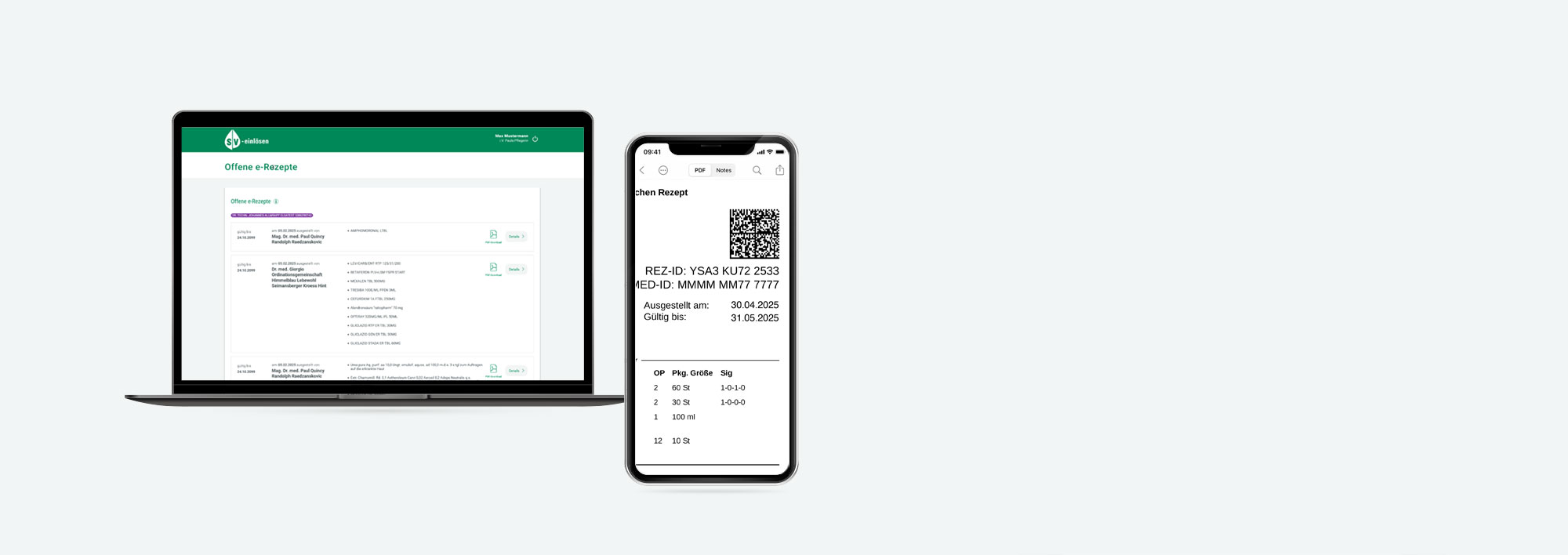 Laptop mit e-Rezepten und Smartphone mit Abholcode